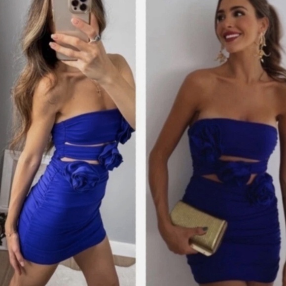 Zara NEW Blue 3D Floral Cut Out Boho Romantic Ruched Strapless Mini Dress XL - Picture 1 of 10